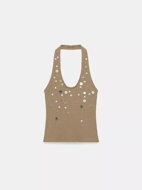 Zara Embellished Halter Knit Tank Top Taupe Beige Sequin NWT
